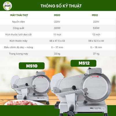 Máy thái, cắt thịt đông lạnh, thái rau củ bán tự động MS12, hàng chính hãng SGE Thailand. Phù hợp dùng cho nhà hàng, hộ kinh doanh thực phẩm, siêu thị, nhà hàng.