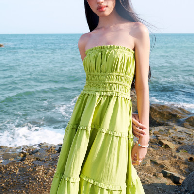 DOTTIE - Đầm ống maxi nhún eo - Xanh lá - D0597