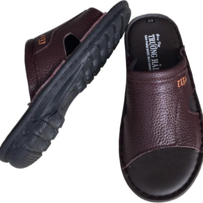 Dép nam Trường Hải quai ngang một bản màu nâu da bò thật mềm mại đê cao su chống mòn QN543