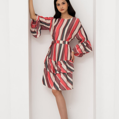 Đầm Lụa Xòe Midi Tay Loe Nhún Bèo 2 Tầng Maxivic, La Mộc - LM52101