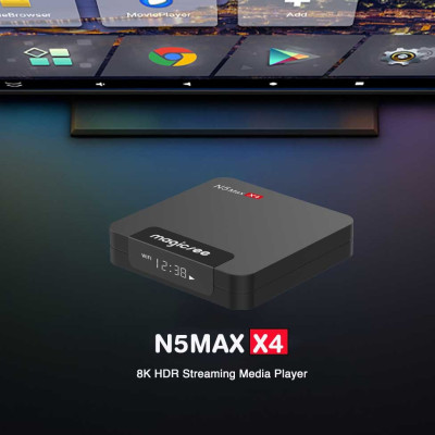 Android tivi box magicsee n5 max x4 Rom 64G Ram 4G điều khiển giọng nói tiếng Việt kiêm bàn phím chuột bay có đèn nền wifi 2 băng tần bluetooth S905X4 cài sẵn phim, truyền hình cáp miễn phí vĩnh viễn - Hàng nhập khẩu