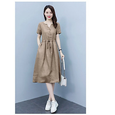 Đầm suông nữ vải Linen rút eo cổ V tay ngắn da218