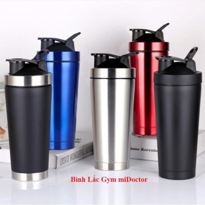 [Màu Đen Viền Bạc] Bình lắc thể thao shaker, tập gym inox 304, đựng nước, pha bột thực phẩm bổ sung - Chính hãng miDoctor