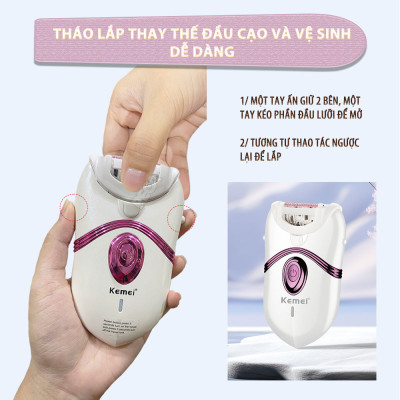 Máy tẩy lông đa năng 2in1 Kemei KM-395 gồm 2 đầu thay thế chuyên dụng nhổ lông, cạo lông, sử dụng toàn thân - Chính hãng