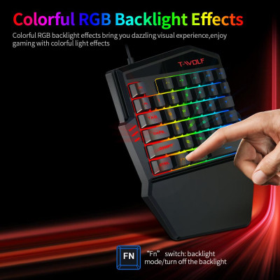 Bàn phím chơi game một tay có dây T-WOLF T17 35 Phím Đèn nền RGB đầy màu sắc thiết kế tiện dụng