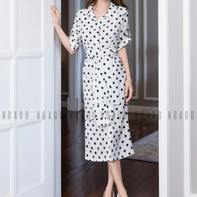 Đầm sơ mi chấm bi tay lửng NGADO , đầm sơ mi , đầm chấm bi , đầm kiểu