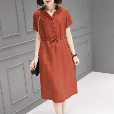 Đầm linen suông nữ cổ V đính cúc, kèm dây thắt eo phong cách công sơ Haint Boutique Da164