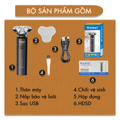 Máy cạo râu khô và ướt KEMEI KM-T87 chống thấm nước IPX7 công suất 5W sạc USB - Chính hãng