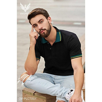 Áo Thun Cá Sấu Nam OVERCO Cổ Bẻ Màu Đen Phối Bo Tay Thời Trang 