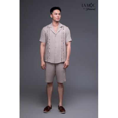 Quần nam linen kem sẫm ngắn viền sườn 