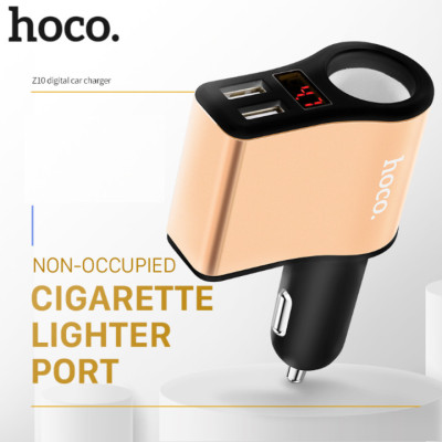 Tẩu sạc ô tô nhãn hiệu Hoco Z10 có 2 cổng USB (5V 2.1A) và màn hình Led hiển thị thông số điện áp