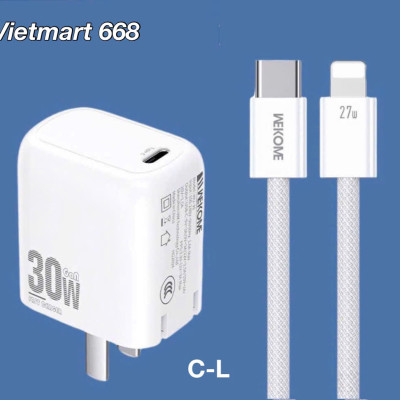 Bộ Sạc Nhanh 30W WeKome WU-39 Dành Cho iPh, SS - Kèm Cáp Sạc Bọc Dù Chắc Chắn - Hàng Chính Hãng