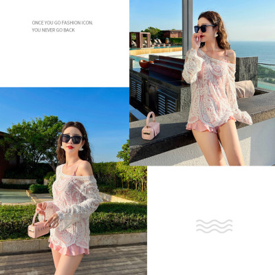 Áo ren lưới đi biển mặc khoác ngoài bikini dài tay dáng chui đầu sexy quyến rũ