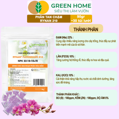 Phân Tan Chậm GreenHome, Rynan 210, Bao 90g ~ 30 Túi Lưới 3g, Chuyên Dùng Cho Phong Lan Trưởng Thành