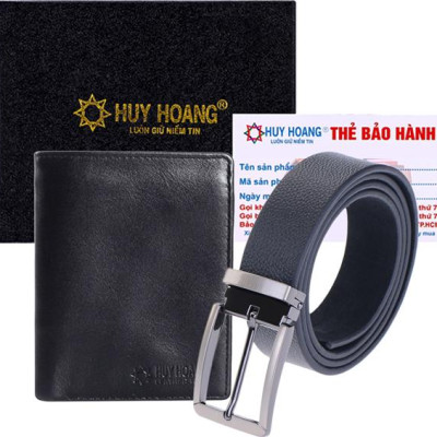 Bộ Ví & Thắt Lưng Nam Da Bò Huy Hoàng HT2108-HT4120 (23 x 11,5 cm) - Đen