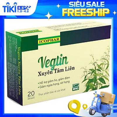 Xuyên Tâm Liên Vegtin hỗ trợ giảm ho khan, ho đờm, ngứa rát họng (Hộp 20 viên)