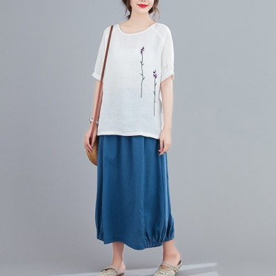 Áo kiểu nữ cổ tròn ngắn tay form rộng, chất đũi mềm mát, dễ chịu khi mặc Haint Boutique Ale40