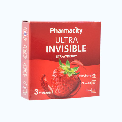 Pharmacity Bao cao su Ultra Invisible hương dâu siêu mỏng (3 cái/hộp)
