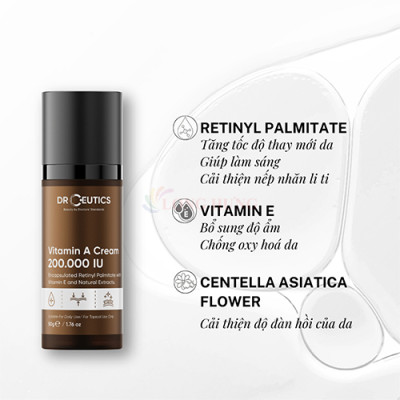 Kem dưỡng DrCeutics Vitamin A Cream 200.000 IU giúp cải thiện nếp nhăn và cho da căng bóng, mịn màng (50g) - Hàng chính hãng