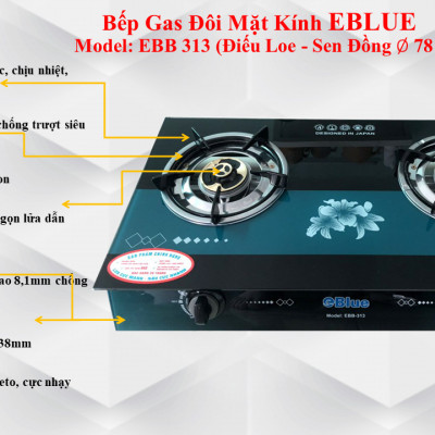 Bếp Gas Đôi Mặt Kính eBlue - (Sen Đồng) EBB313- Hàng Chính Hãng