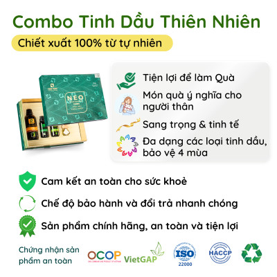 Combo Tinh dầu thiên nhiên NEO gồm 100ml Sả  + 30ml Tràm Huế + 30 ml bạc hà + 8ml (Quế hoặc Sả)
