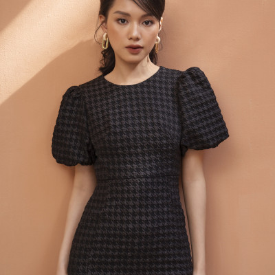 De Leah - Đầm Ôm Midi Đuôi Cá Tay Bồng - Đen