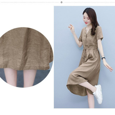 Đầm suông nữ vải Linen rút eo cổ V tay ngắn da218