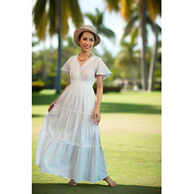 Đầm Maxi Cotton Trắng Đầm Dài Đi Biển Du Lịch Resorts Mây DRE146 Thời trang Hity