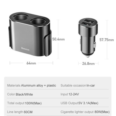 Tẩu sạc Baseus High Efficiency 1 to 2 Cigarette Lighter đa năng tích hợp bộ chia cổng sạc- hàng chính hãng