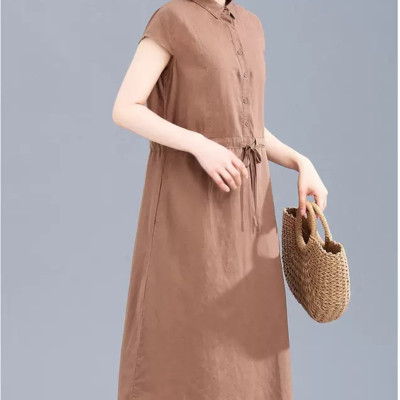 Đầm Nữ Form Suông Linen Cổ Sơ Mi Basic Tay ngắn Thoáng Mát HB70