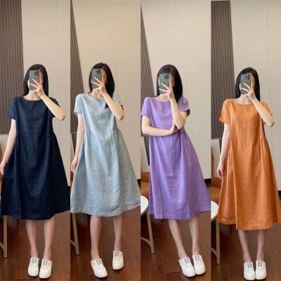 Đầm Suông Cổ Tròn Tay Cộc Dáng Dài Chất Đũi Mềm Mại Nhiều Màu Lựa Chọn