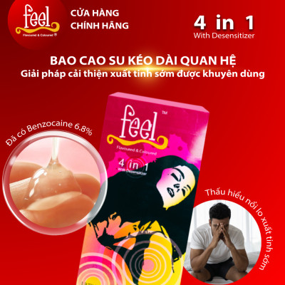 Bao cao su Feel 4 in 1 | Bao cao su kéo dài thời gian, size 52mm, hộp 12 bao