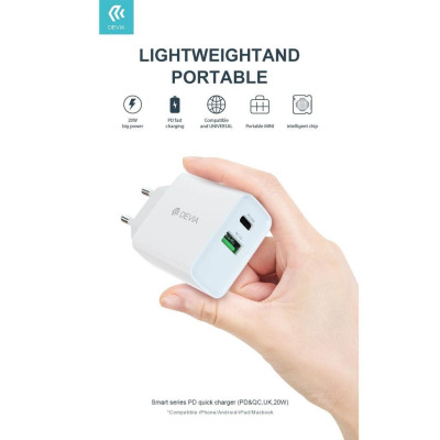 Củ sạc nhanh Devia Smart PD+ QC chuẩn EU 20W- hàng chính hãng
