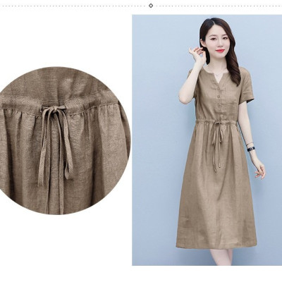 Đầm suông nữ vải Linen rút eo cổ V tay ngắn da218