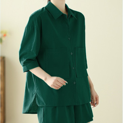Bộ đồ cho nữ 2 chi tiết gồm áo sơ mi có túi và quần short dáng chữ A, set linen nữ hàn quốc