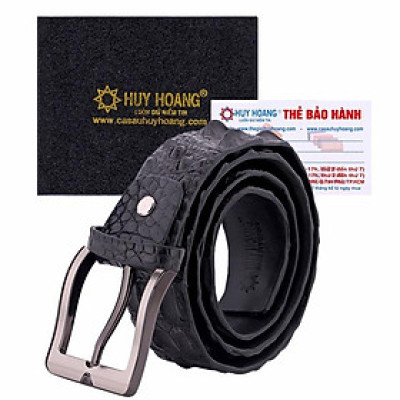 HT4847 - Dây nịt nam da cá sấu Huy Hoàng nguyên con 4P bát gài màu đen