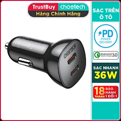 Củ Sạc Điện Thoại Ô Tô 40W, 2 Cổng Type-C PD 20W CHOETECH TC0008 V2 - Hàng Chính Hãng