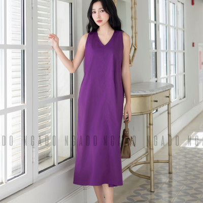 Đầm tím cổ tim NGADO , đầm nữ , Đầm suông , Đầm thiết kế