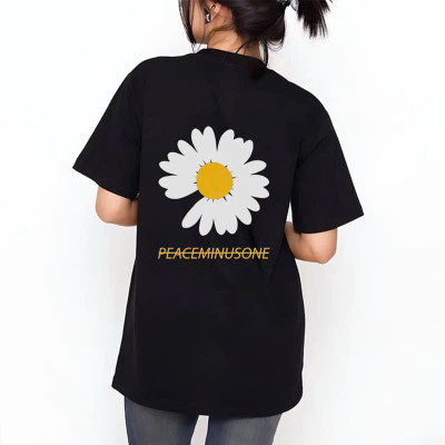 Áo Thun Nữ 100% Cotton Màu Đen In Hoa Cúc Trắng