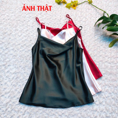 Áo 2 dây cổ đổ thiết kế đính ngọc trai xinh xắn, Áo nữ lụa satin cao cấp, thoáng mát - New Design AO0015