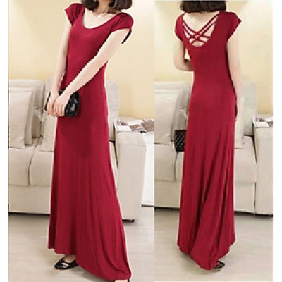 Đầm Váy body thun dài dự tiệc,Đầm body thiết kế dây đan lưng sang chảnh ngắn tay Haint Boutique- Đỏ- Hb35