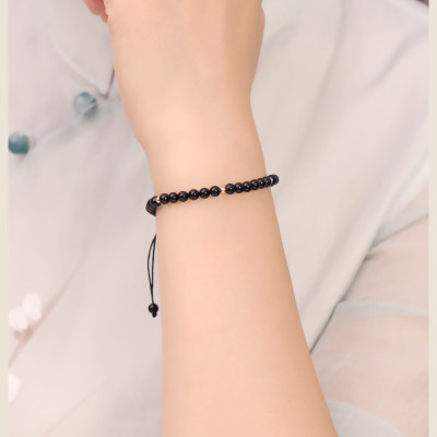 Vòng tay phong thủy đá huyền thạch đen mix bi bạc kết dây cho Nam Nữ cầu Tài Lộc Duyên