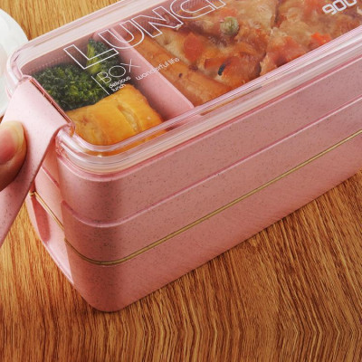 Hộp Cơm 3 Tầng Lúa Mạch Lunch Box + Tặng Kèm Muỗng, Nĩa