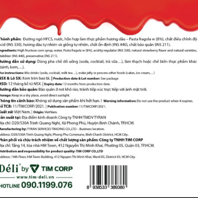 Siro dâu Déli - 350ml - đậm đặc, chuyên dùng pha chế trà trái cây, soda