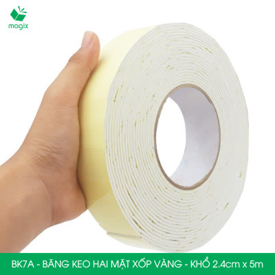 BK7A - 5 cuộn băng keo xốp 2 mặt siêu dính - Khổ 2.4cm x 5m - Băng dính xốp vàng, băng keo hai mặt