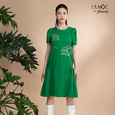 Đầm xô lụa xanh thêu tay phồng La Mộc LM022422