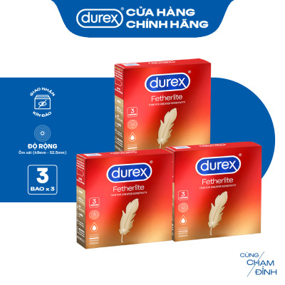 Bộ 3 hộp bao cao su Durex Fetherlite siêu mỏng, size 52.5mm, 3 bao/hộp