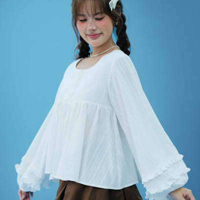 DOTTIE - Áo tay phồng phối bèo - Trắng kem - T1124