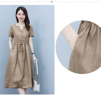 Đầm suông nữ vải Linen rút eo cổ V tay ngắn da218