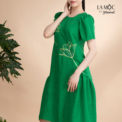 Đầm xô lụa xanh thêu tay phồng La Mộc LM022422